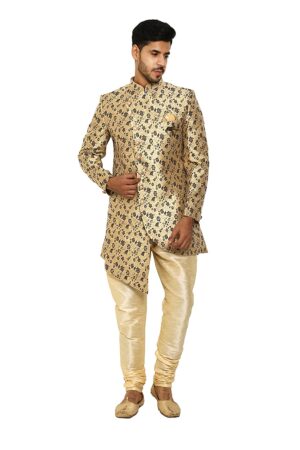 Golden royal blue flower print sherwani set