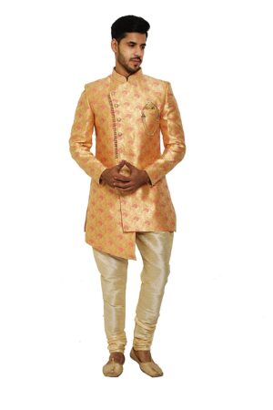 Goldan & pink flower printed sherwani set
