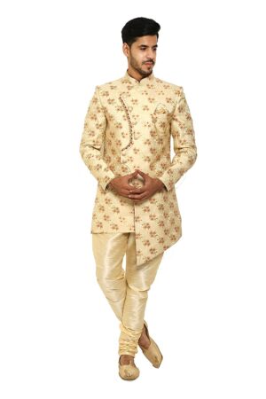 Golden & red flower printed sherwani set