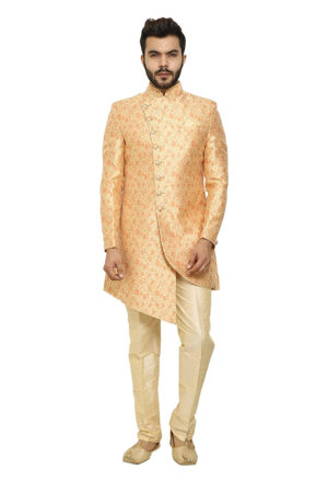 Peach flower print sherwani set