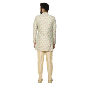 Sea green & peach flower print sherwani set