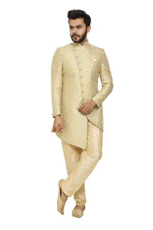 Golden and light blue flower print sherwani set