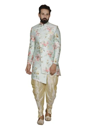 light blue printed sherwani set