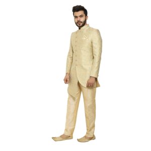 Golden and light blue flower print sherwani set
