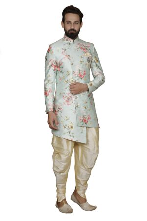 light blue printed sherwani set