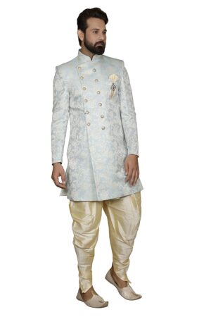 Blue flower print sherwani set
