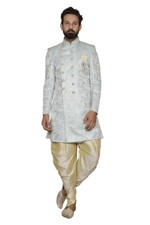 Blue flower print sherwani set